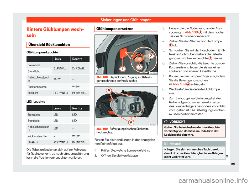 Seat Ibiza 2018  Betriebsanleitung (in German) Sicherungen und Gl
