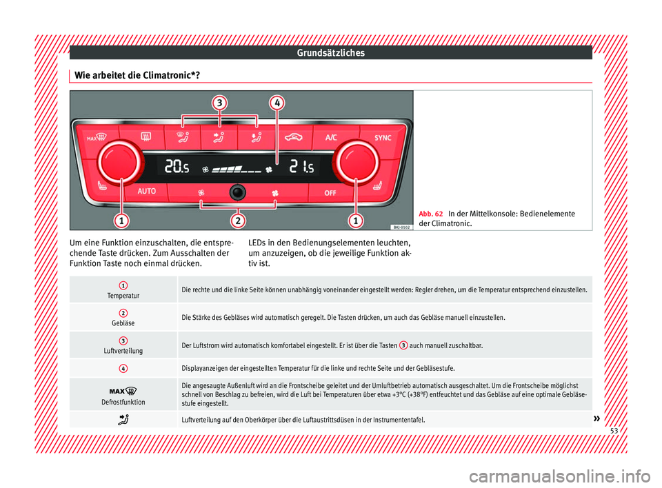 Seat Ibiza 2017 Betriebsanleitung (in German) Grundsätzliches
Wie arbeitet die Climatronic*? Abb. 62
In der Mittelkonsole: Bedienelemente
der Clim atr
onic. Um eine Funktion einzuschalten, die entspre-
c
hende
T
aste drücken. Zum Ausschalten Seat Ibiza 2017 Betriebsanleitung (in German) Grundsätzliches
Wie arbeitet die Climatronic*? Abb. 62
In der Mittelkonsole: Bedienelemente
der Clim atr
onic. Um eine Funktion einzuschalten, die entspre-
c
hende
T
aste drücken. Zum Ausschalten