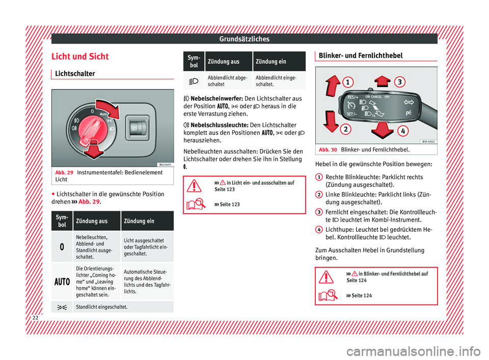 Seat Ibiza 5D 2016 Betriebsanleitung (in German) Grundsätzliches
Licht und Sicht Lic ht
s
chalter Abb. 29
Instrumententafel: Bedienelement
Lic ht ●
Lichtschalter in die gewünschte Position
dr ehen
›
›
› Abb. 29.
Sym-
bolZündung ausZün Seat Ibiza 5D 2016 Betriebsanleitung (in German) Grundsätzliches
Licht und Sicht Lic ht
s
chalter Abb. 29
Instrumententafel: Bedienelement
Lic ht ●
Lichtschalter in die gewünschte Position
dr ehen
›
›
› Abb. 29.
Sym-
bolZündung ausZün
