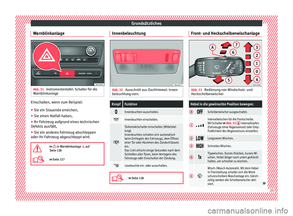 Seat Ibiza 5D 2016 Betriebsanleitung (in German) Grundsätzliches
Warnblinkanlage Abb. 31
Instrumententafel: Schalter für die
W arnb
link
anlage Einschalten, wenn zum Beispiel:
●
Sie ein Stauende erreichen,
● Sie einen Notfall haben,
● Ihr F Seat Ibiza 5D 2016 Betriebsanleitung (in German) Grundsätzliches
Warnblinkanlage Abb. 31
Instrumententafel: Schalter für die
W arnb
link
anlage Einschalten, wenn zum Beispiel:
●
Sie ein Stauende erreichen,
● Sie einen Notfall haben,
● Ihr F