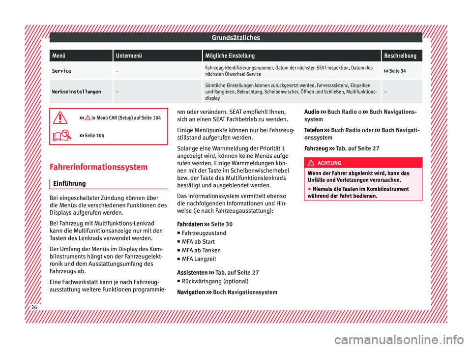 Seat Ibiza 5D 2016  Betriebsanleitung (in German) GrundsätzlichesMenüUntermenüMögliche EinstellungBeschreibung
Service–Fahrzeug-Identifizierungsnummer, Datum der nächsten SEAT-Inspektion, Datum des
nächsten Ölwechsel-Service››› 
Seite 