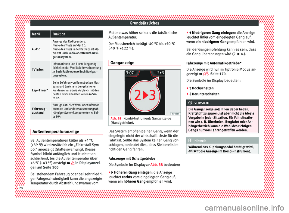 Seat Ibiza 5D 2016  Betriebsanleitung (in German) GrundsätzlichesMenüFunktion
Audio
Anzeige des Radiosenders.
Name des Titels auf der CD.
Name des Titels in der Betriebsart Me-
dien 
››› Buch Radio oder  ››› Buch Navi-
gationssystem.
Te