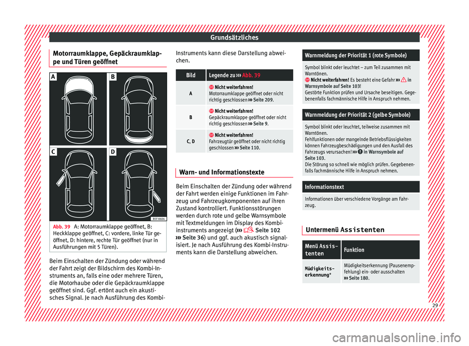 Seat Ibiza 5D 2016  Betriebsanleitung (in German) Grundsätzliches
Motorraumklappe, Gepäckraumklap-
pe u nd 
Tür
en geöffnetAbb. 39 
A: Motorraumklappe geöffnet, B:
Hec kk
l

appe geöffnet, C: vordere, linke Tür ge-
öffnet, D: hintere, rechte 