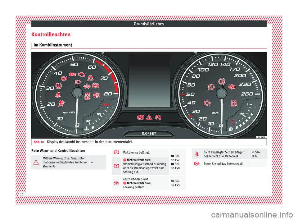 Seat Ibiza 5D 2016 Betriebsanleitung (in German) Grundsätzliches
Kontrollleuchten Im K omb
iin
strumentAbb. 41
Display des Kombi-Instruments in der Instrumententafel. Rote Warn- und Kontrollleuchten
Mittlere Warnleuchte: Zusatzinfor-
mationen Seat Ibiza 5D 2016 Betriebsanleitung (in German) Grundsätzliches
Kontrollleuchten Im K omb
iin
strumentAbb. 41
Display des Kombi-Instruments in der Instrumententafel. Rote Warn- und Kontrollleuchten
Mittlere Warnleuchte: Zusatzinfor-
mationen