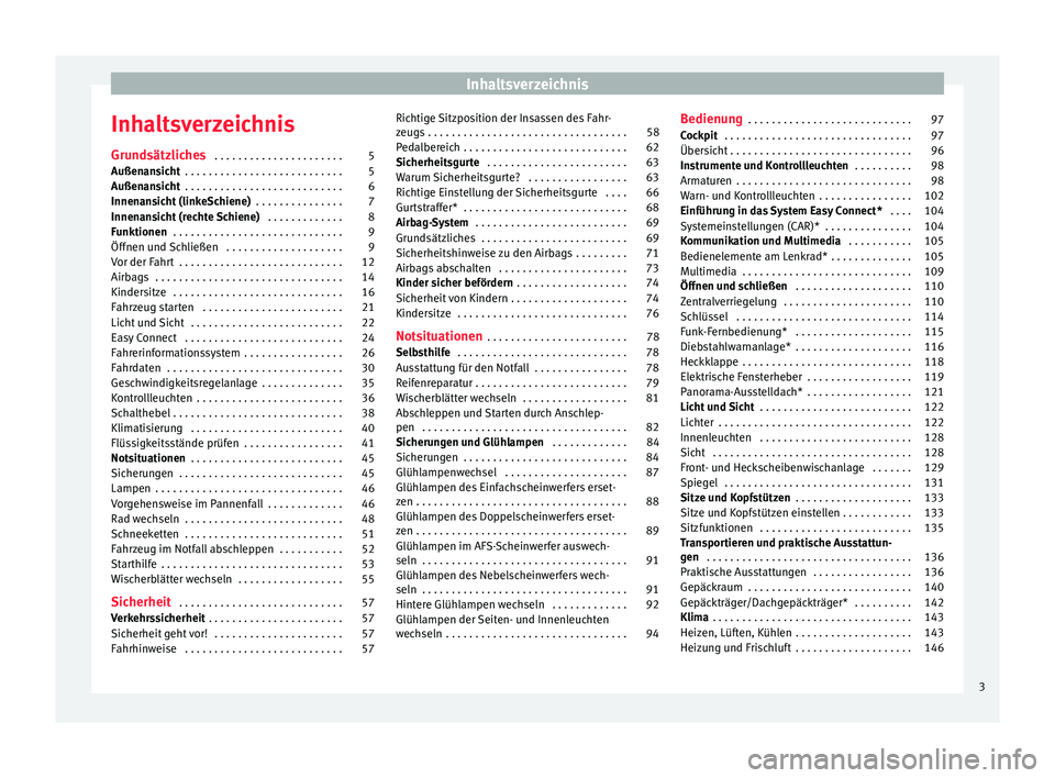 Seat Ibiza SC 2016  Betriebsanleitung (in German) Inhaltsverzeichnis
Inhaltsverzeichnis
Gru nd
sätz
liches . . . . . . . . . . . . . . . . . . . . . . 5
Außenansicht  . . . . . . . . . . . . . . . . . . . . . . . . . . . 5
Außenansicht  . . . . . 