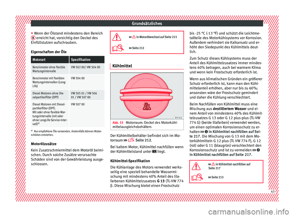 Seat Ibiza 5D 2016 Betriebsanleitung (in German) Grundsätzliches
● Wenn der Öl
s
tand mindestens den Bereich
B erreicht hat, vorsichtig den Deckel des
Einfül l
s
tutzen aufschrauben.
Eigenschaften der Öle
MotorartSpezifikation
Benzinmotor ohn Seat Ibiza 5D 2016 Betriebsanleitung (in German) Grundsätzliches
● Wenn der Öl
s
tand mindestens den Bereich
B erreicht hat, vorsichtig den Deckel des
Einfül l
s
tutzen aufschrauben.
Eigenschaften der Öle
MotorartSpezifikation
Benzinmotor ohn