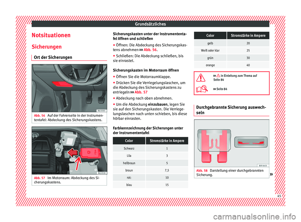 Seat Ibiza 5D 2016 Betriebsanleitung (in German) Grundsätzliches
Notsituationen Sic heru
n
gen
Ort der Sicherungen Abb. 56
Auf der Fahrerseite in der Instrumen-
t ent
af
el: Abdeckung des Sicherungskastens. Abb. 57
Im Motorraum: Abdeckung des Si Seat Ibiza 5D 2016 Betriebsanleitung (in German) Grundsätzliches
Notsituationen Sic heru
n
gen
Ort der Sicherungen Abb. 56
Auf der Fahrerseite in der Instrumen-
t ent
af
el: Abdeckung des Sicherungskastens. Abb. 57
Im Motorraum: Abdeckung des Si