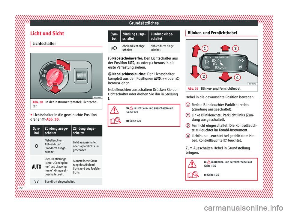 Seat Ibiza ST 2016 Betriebsanleitung (in German) Grundsätzliches
Licht und Sicht Lic ht
sc
halter Abb. 30
In der Instrumententafel: Lichtschal-
t er
. ●
Lichtschalter in die gewünschte Position
dr ehen
›
››
Abb. 30.
Sym-
bolZündung au Seat Ibiza ST 2016 Betriebsanleitung (in German) Grundsätzliches
Licht und Sicht Lic ht
sc
halter Abb. 30
In der Instrumententafel: Lichtschal-
t er
. ●
Lichtschalter in die gewünschte Position
dr ehen
›
››
Abb. 30.
Sym-
bolZündung au