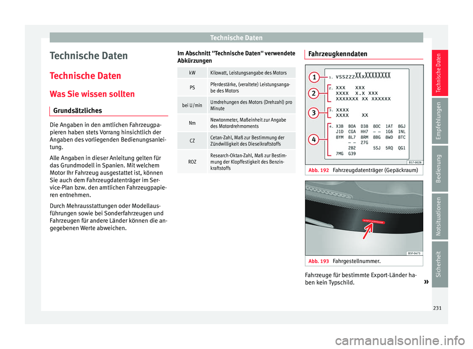 Seat Ibiza ST 2016 Betriebsanleitung (in German) Technische Daten
Technische Daten
T ec
hni s
che Daten
Was Sie wissen sollten Grundsätzliches Die Angaben in den amtlichen Fahrzeugpa-
pieren haben s
t
ets Vorrang hinsichtlich der
Angaben des vorli Seat Ibiza ST 2016 Betriebsanleitung (in German) Technische Daten
Technische Daten
T ec
hni s
che Daten
Was Sie wissen sollten Grundsätzliches Die Angaben in den amtlichen Fahrzeugpa-
pieren haben s
t
ets Vorrang hinsichtlich der
Angaben des vorli