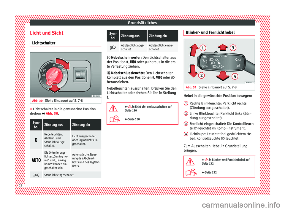 Seat Ibiza 5D 2015  Betriebsanleitung (in German) Grundsätzliches
Licht und Sicht Lic ht
s
chalter Abb. 30 
Siehe Einbauort auf S. 7-8 ●
Lichtschalter in die gewünschte Position
dr ehen 
›
›

› Abb. 30.
Sym-
bolZündung ausZündung ein 
