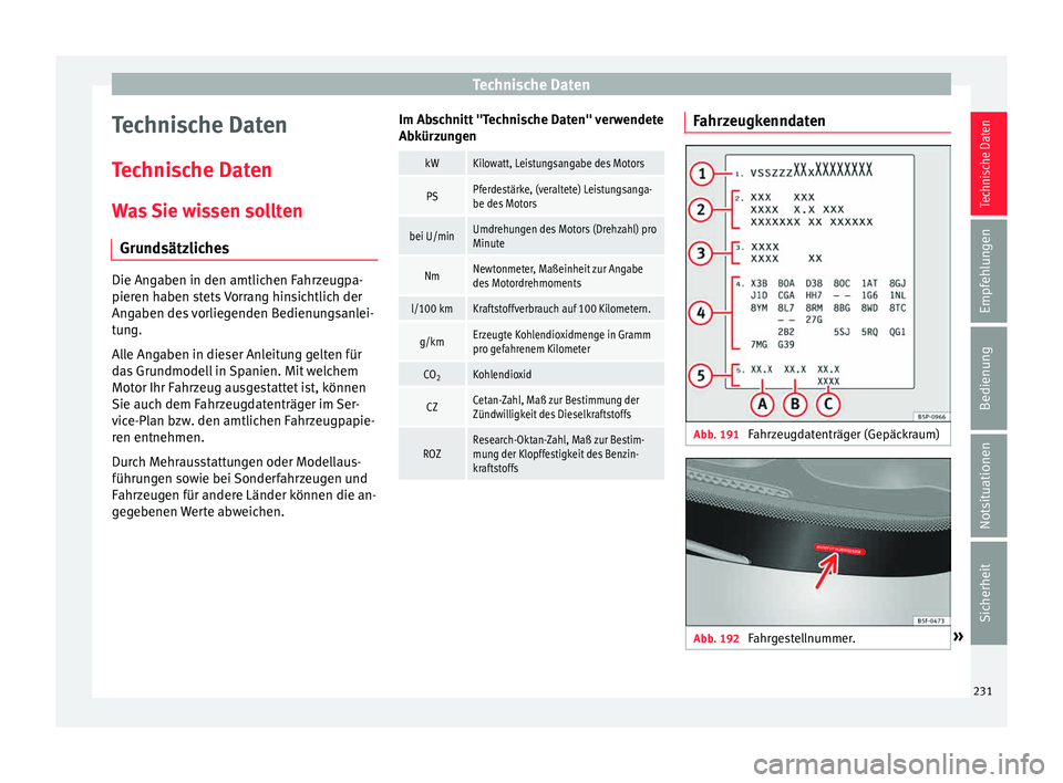 Seat Ibiza 5D 2015 Betriebsanleitung (in German) Technische Daten
Technische Daten
T ec
hni
sche Daten
Was Sie wissen sollten Grundsätzliches Die Angaben in den amtlichen Fahrzeugpa-
pieren h
aben s
tets Vorrang hinsichtlich der
Angaben des vorlie Seat Ibiza 5D 2015 Betriebsanleitung (in German) Technische Daten
Technische Daten
T ec
hni
sche Daten
Was Sie wissen sollten Grundsätzliches Die Angaben in den amtlichen Fahrzeugpa-
pieren h
aben s
tets Vorrang hinsichtlich der
Angaben des vorlie