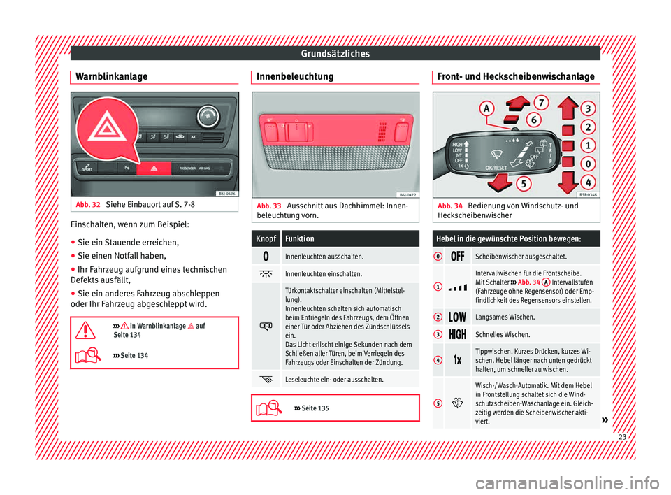 Seat Ibiza 5D 2015  Betriebsanleitung (in German) Grundsätzliches
Warnblinkanlage Abb. 32 
Siehe Einbauort auf S. 7-8 Einschalten, wenn zum Beispiel:
● Sie ein Stauende erreichen,
● Sie einen Notfall haben,
● Ihr Fahrzeug aufgrund eines techni