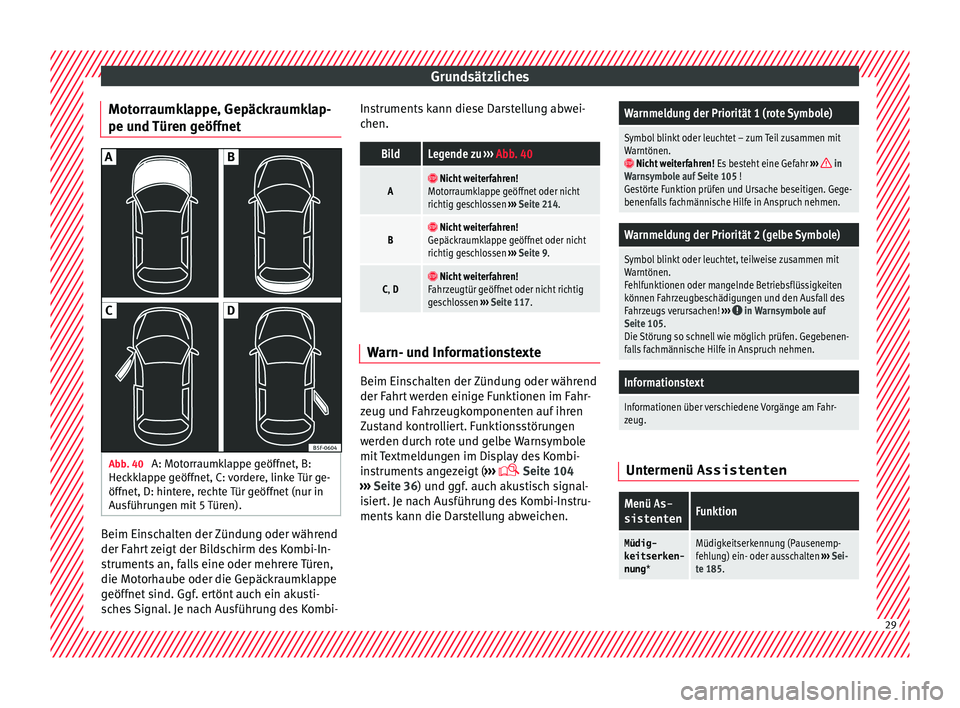 Seat Ibiza 5D 2015 Betriebsanleitung (in German) Grundsätzliches
Motorraumklappe, Gepäckraumklap-
pe u nd
Tür
en geöffnetAbb. 40
A: Motorraumklappe geöffnet, B:
Hec kk
l
appe geöffnet, C: vordere, linke Tür ge-
öffnet, D: hintere, rechte Seat Ibiza 5D 2015 Betriebsanleitung (in German) Grundsätzliches
Motorraumklappe, Gepäckraumklap-
pe u nd
Tür
en geöffnetAbb. 40
A: Motorraumklappe geöffnet, B:
Hec kk
l
appe geöffnet, C: vordere, linke Tür ge-
öffnet, D: hintere, rechte