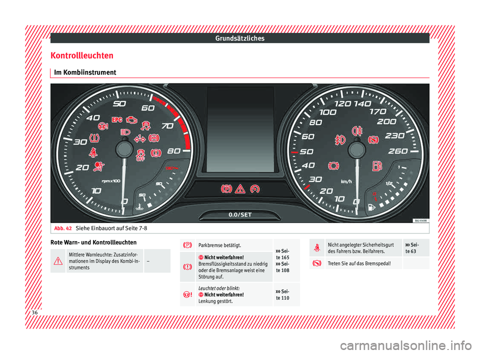 Seat Ibiza 5D 2015 Betriebsanleitung (in German) Grundsätzliches
Kontrollleuchten Im K omb
iin
strumentAbb. 42
Siehe Einbauort auf Seite 7-8 Rote Warn- und Kontrollleuchten
Mittlere Warnleuchte: Zusatzinfor-
mationen im Display des Kombi-In-
s Seat Ibiza 5D 2015 Betriebsanleitung (in German) Grundsätzliches
Kontrollleuchten Im K omb
iin
strumentAbb. 42
Siehe Einbauort auf Seite 7-8 Rote Warn- und Kontrollleuchten
Mittlere Warnleuchte: Zusatzinfor-
mationen im Display des Kombi-In-
s