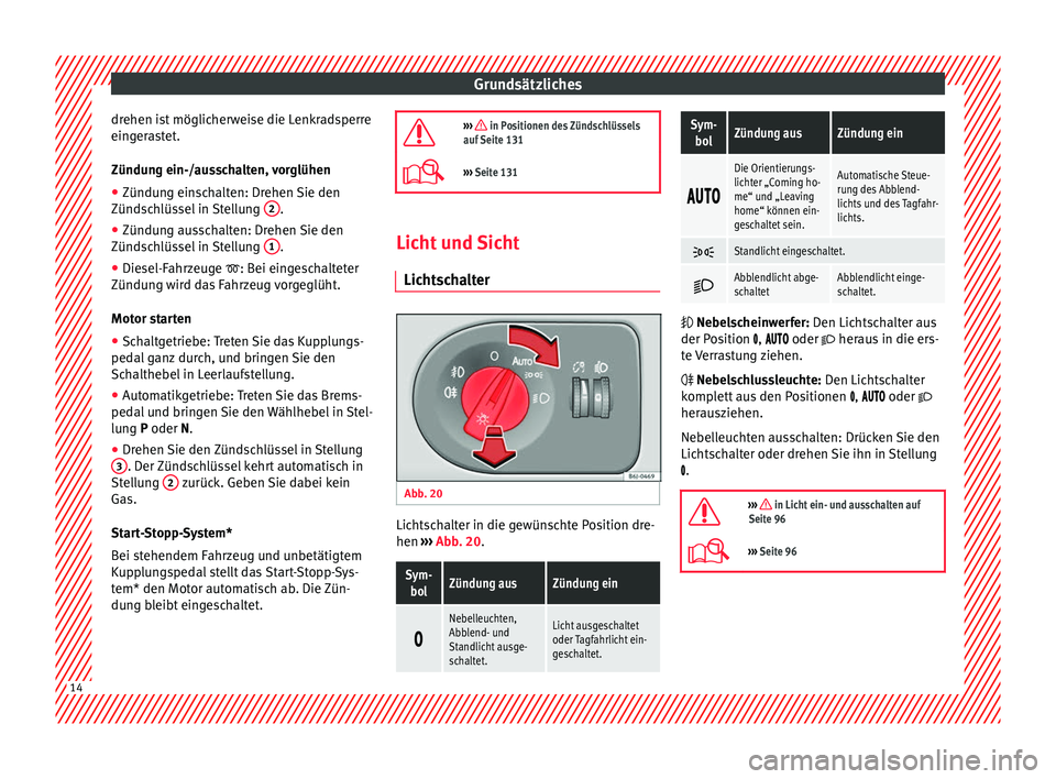 Seat Ibiza 5D 2013  Betriebsanleitung (in German) Grundsätzliches
drehen ist möglicherweise die Lenkradsperre
eingerastet.
Zündung ein-/ausschalten, vorglühen
● Zündung einschalten: Drehen Sie den
Zündschlüssel in Stellung  2 .
● Zündung 