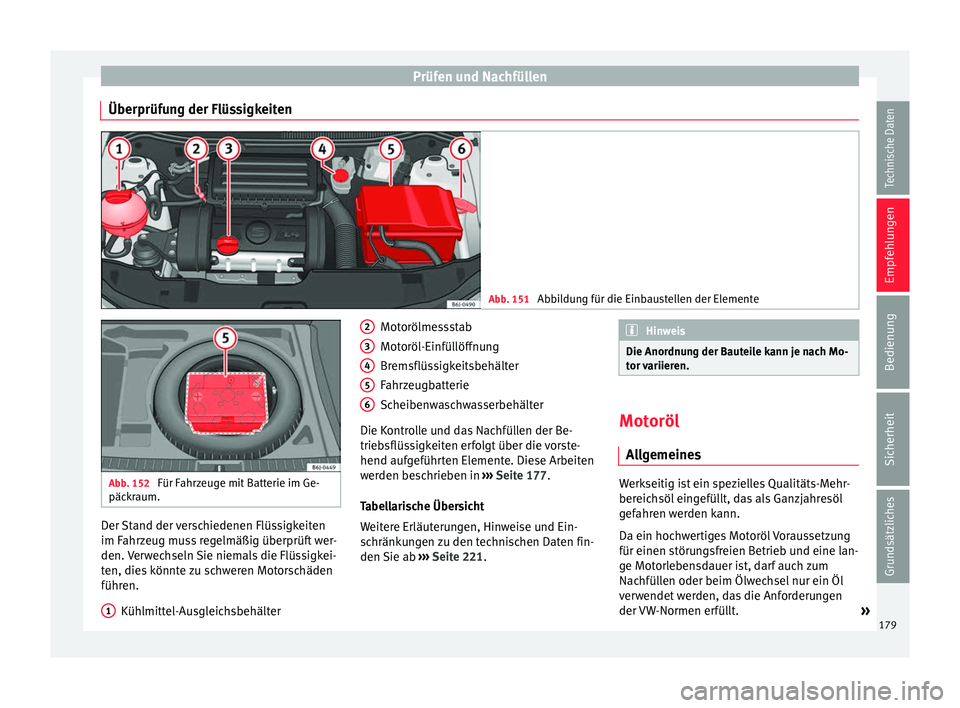 Seat Ibiza SC 2014  Betriebsanleitung (in German) Prüfen und Nachfüllen
Überprüfung der Flüssigkeiten Abb. 151 
Abbildung für die Einbaustellen der Elemente Abb. 152 
Für Fahrzeuge mit Batterie im Ge-
päckraum. Der Stand der verschiedenen Fl