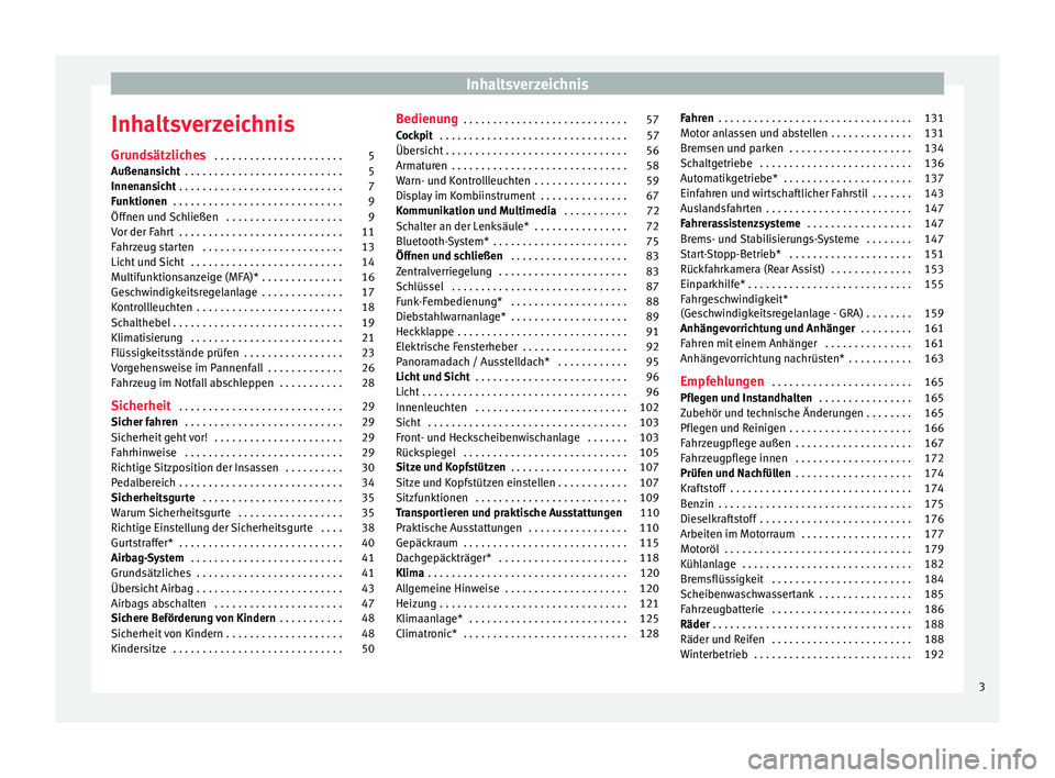 Seat Ibiza SC 2013  Betriebsanleitung (in German) Inhaltsverzeichnis
Inhaltsverzeichnis
Grundsätzliches  . . . . . . . . . . . . . . . . . . . . . . 5
Außenansicht  . . . . . . . . . . . . . . . . . . . . . . . . . . . 5
Innenansicht  . . . . . . .