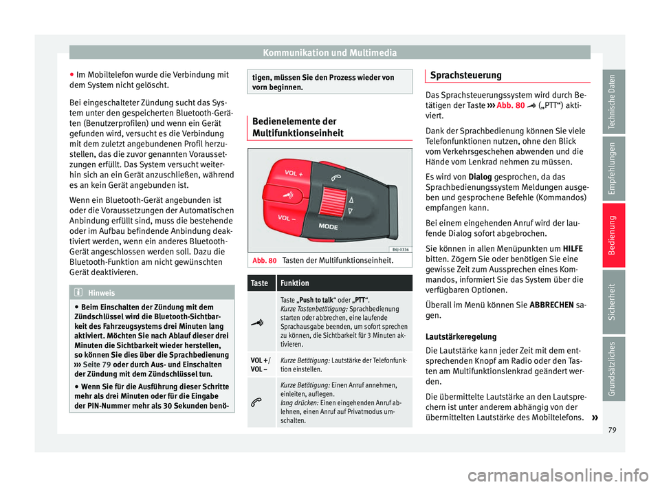 Seat Ibiza SC 2014 Betriebsanleitung (in German) Kommunikation und Multimedia
● Im Mobiltelefon wurde die Verbindung mit
dem System nicht gelöscht.
Bei eingeschalteter Zündung sucht das Sys-
tem unter den gespeicherten Bluetooth-Gerä-
ten (Benu Seat Ibiza SC 2014 Betriebsanleitung (in German) Kommunikation und Multimedia
● Im Mobiltelefon wurde die Verbindung mit
dem System nicht gelöscht.
Bei eingeschalteter Zündung sucht das Sys-
tem unter den gespeicherten Bluetooth-Gerä-
ten (Benu
