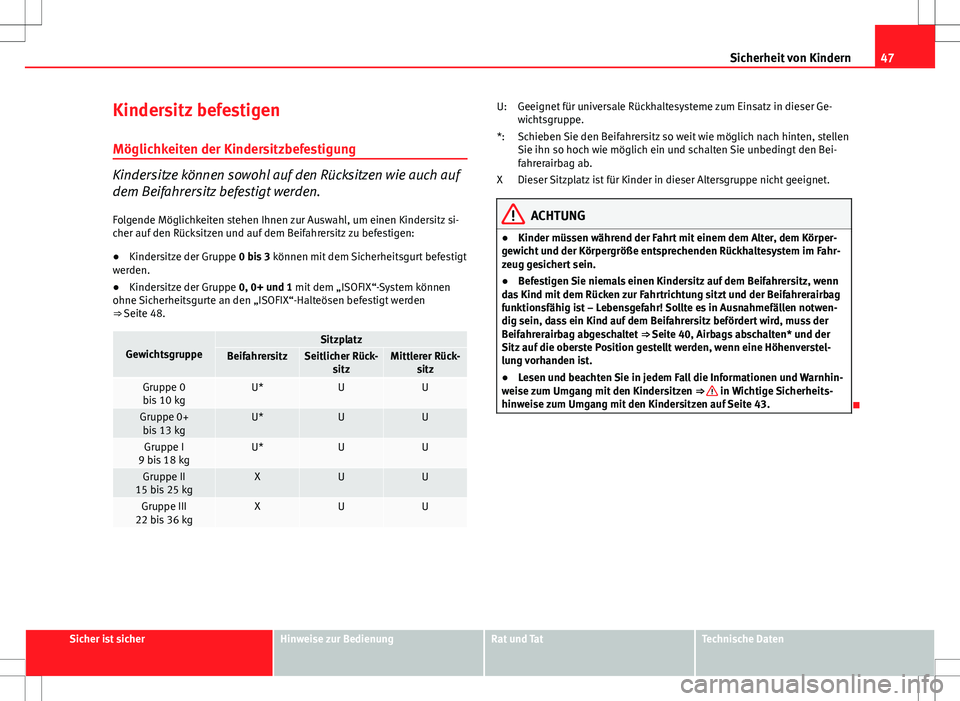 Seat Ibiza 5D 2011 Betriebsanleitung (in German) 47
Sicherheit von Kindern
Kindersitz befestigen
Möglichkeiten der Kindersitzbefestigung
Kindersitze können sowohl auf den Rücksitzen wie auch auf
dem Beifahrersitz befestigt werden.
Folgende Mögli Seat Ibiza 5D 2011 Betriebsanleitung (in German) 47
Sicherheit von Kindern
Kindersitz befestigen
Möglichkeiten der Kindersitzbefestigung
Kindersitze können sowohl auf den Rücksitzen wie auch auf
dem Beifahrersitz befestigt werden.
Folgende Mögli
