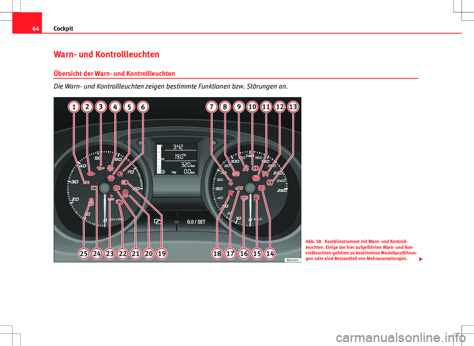 Seat Ibiza 5D 2010  Betriebsanleitung (in German) 64Cockpit
Warn- und Kontrollleuchten
Übersicht der Warn- und Kontrollleuchten
Die Warn- und Kontrollleuchten zeigen bestimmte Funktionen bzw. Störungen an.
Abb. 38  Kombiinstrument mit Warn- und Kon