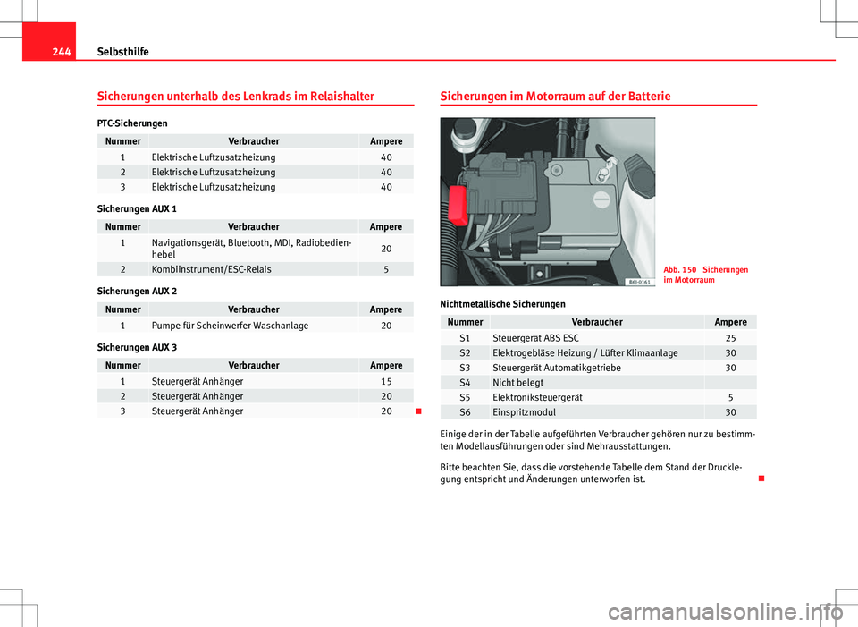 Seat Ibiza ST 2010 Betriebsanleitung (in German) 244Selbsthilfe
Sicherungen unterhalb des Lenkrads im Relaishalter
PTC-Sicherungen
NummerVerbraucherAmpere1Elektrische Luftzusatzheizung402Elektrische Luftzusatzheizung403Elektrische Luftzusatzheizung4 Seat Ibiza ST 2010 Betriebsanleitung (in German) 244Selbsthilfe
Sicherungen unterhalb des Lenkrads im Relaishalter
PTC-Sicherungen
NummerVerbraucherAmpere1Elektrische Luftzusatzheizung402Elektrische Luftzusatzheizung403Elektrische Luftzusatzheizung4