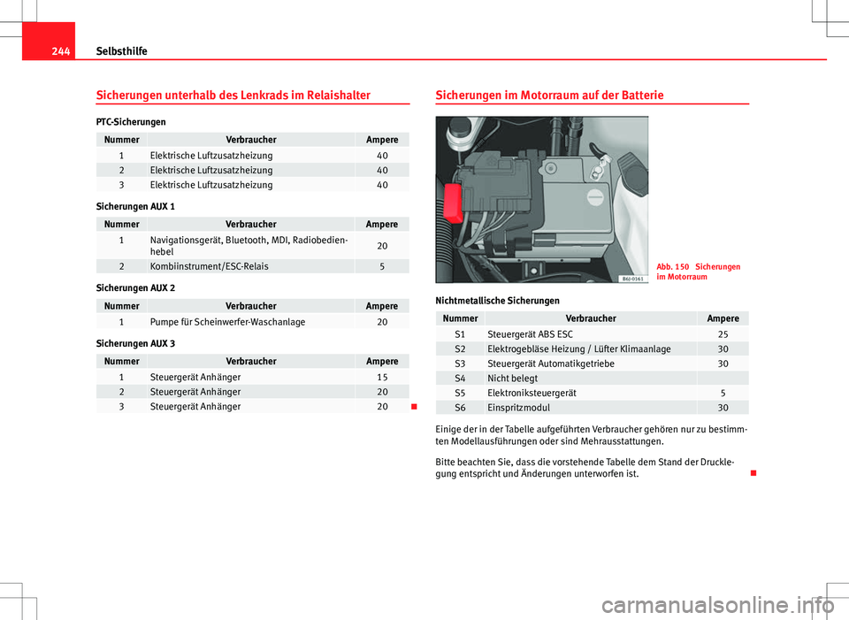 Seat Ibiza ST 2011  Betriebsanleitung (in German) 244Selbsthilfe
Sicherungen unterhalb des Lenkrads im Relaishalter
PTC-Sicherungen
NummerVerbraucherAmpere1Elektrische Luftzusatzheizung402Elektrische Luftzusatzheizung403Elektrische Luftzusatzheizung4