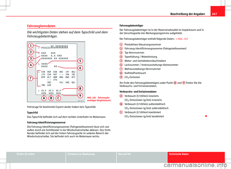 Seat Ibiza ST 2010  Betriebsanleitung (in German) 267
Beschreibung der Angaben
Fahrzeugkenndaten
Die wichtigsten Daten stehen auf dem Typschild und dem
Fahrzeugdatenträger.
Abb. 182  Fahrzeugda-
tenträger (Gepäckraum)
Fahrzeuge für bestimmte Expo