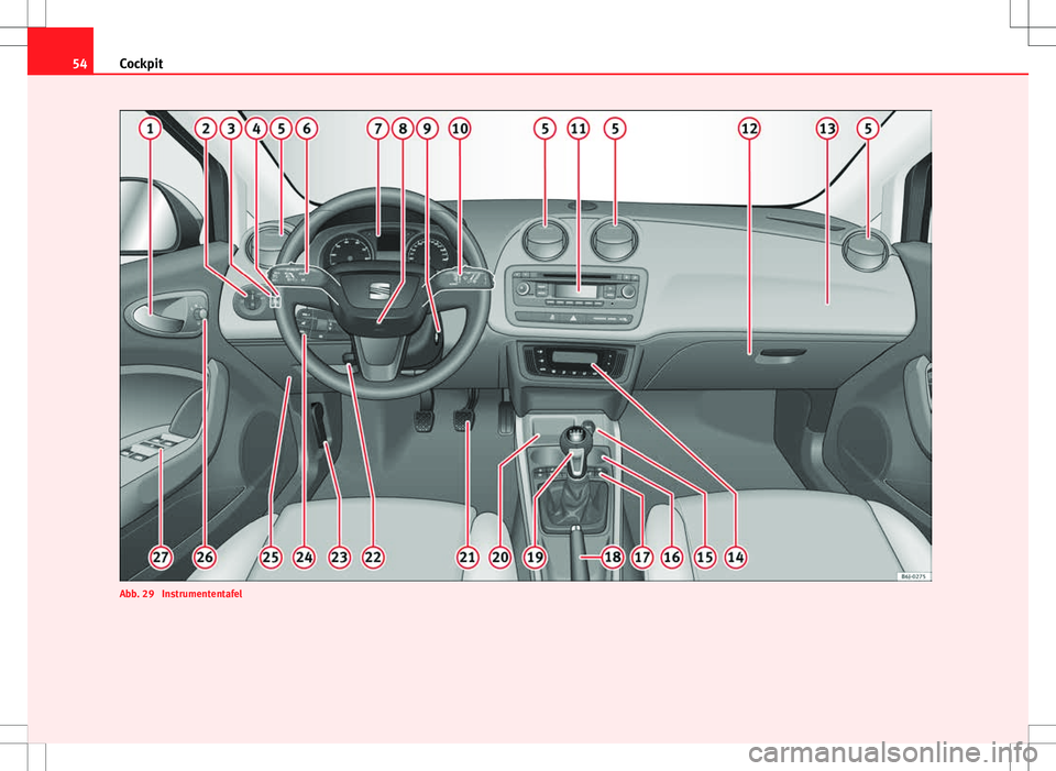 Seat Ibiza ST 2010 Betriebsanleitung (in German) 54Cockpit
Abb. 29 Instrumententafel Seat Ibiza ST 2010 Betriebsanleitung (in German) 54Cockpit
Abb. 29 Instrumententafel