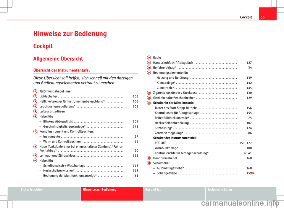 Seat Ibiza ST 2010 Betriebsanleitung (in German) 55
Cockpit
Hinweise zur Bedienung
Cockpit
Allgemeine Übersicht
Übersicht der Instrumententafel
Diese Übersicht soll helfen, sich schnell mit den Anzeigen
und Bedienungselementen vertraut zu machen. Seat Ibiza ST 2010 Betriebsanleitung (in German) 55
Cockpit
Hinweise zur Bedienung
Cockpit
Allgemeine Übersicht
Übersicht der Instrumententafel
Diese Übersicht soll helfen, sich schnell mit den Anzeigen
und Bedienungselementen vertraut zu machen.