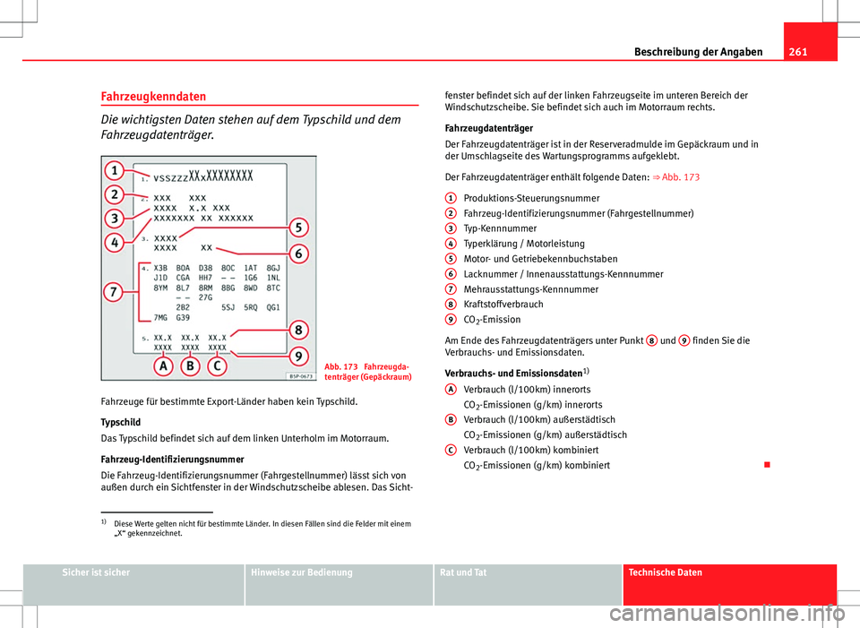 Seat Ibiza SC 2009 Betriebsanleitung (in German) 261
Beschreibung der Angaben
Fahrzeugkenndaten
Die wichtigsten Daten stehen auf dem Typschild und dem
Fahrzeugdatenträger.
Abb. 173 Fahrzeugda-
tenträger (Gepäckraum)
Fahrzeuge für bestimmte Expo Seat Ibiza SC 2009 Betriebsanleitung (in German) 261
Beschreibung der Angaben
Fahrzeugkenndaten
Die wichtigsten Daten stehen auf dem Typschild und dem
Fahrzeugdatenträger.
Abb. 173 Fahrzeugda-
tenträger (Gepäckraum)
Fahrzeuge für bestimmte Expo