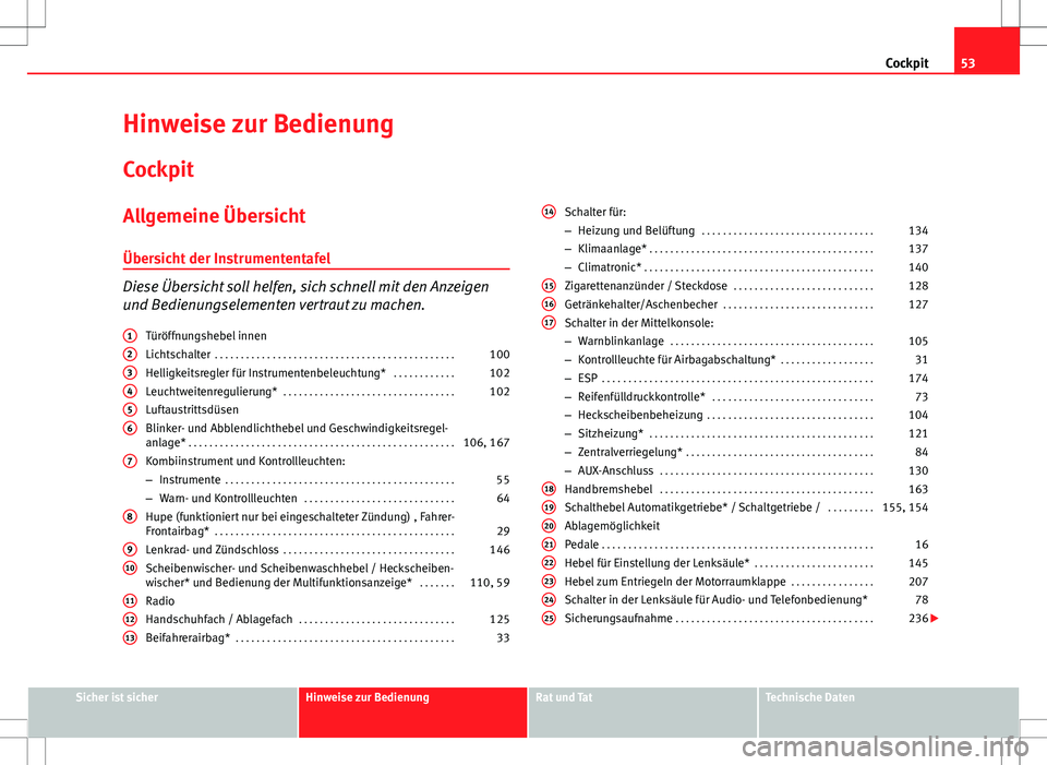 Seat Ibiza SC 2009 Betriebsanleitung (in German) 53
Cockpit
Hinweise zur Bedienung
Cockpit
Allgemeine Übersicht
Übersicht der Instrumententafel
Diese Übersicht soll helfen, sich schnell mit den Anzeigen
und Bedienungselementen vertraut zu machen. Seat Ibiza SC 2009 Betriebsanleitung (in German) 53
Cockpit
Hinweise zur Bedienung
Cockpit
Allgemeine Übersicht
Übersicht der Instrumententafel
Diese Übersicht soll helfen, sich schnell mit den Anzeigen
und Bedienungselementen vertraut zu machen.
