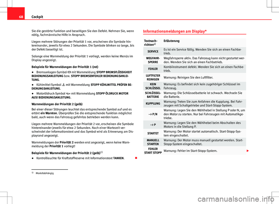 Seat Ibiza SC 2009 Betriebsanleitung (in German) 68Cockpit
Sie die gestörte Funktion und beseitigen Sie den Defekt. Nehmen Sie, wenn
nötig, fachmännische Hilfe in Anspruch.
Liegen mehrere Störungen der Priorität 1 vor, erscheinen die Symbole hi Seat Ibiza SC 2009 Betriebsanleitung (in German) 68Cockpit
Sie die gestörte Funktion und beseitigen Sie den Defekt. Nehmen Sie, wenn
nötig, fachmännische Hilfe in Anspruch.
Liegen mehrere Störungen der Priorität 1 vor, erscheinen die Symbole hi