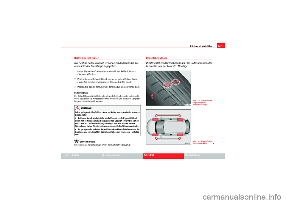 Seat Ibiza ST 2009 Betriebsanleitung (in German) Prüfen und Nachfüllen207
Sicher ist sicher
Bedienungshinweise
Rat und Tat
Te c h n i s c h e D a t e n
Reifenfülldruck prüfen
Der richtige Reifenfülldruck ist auf einem Aufkleber auf der
Innen Seat Ibiza ST 2009 Betriebsanleitung (in German) Prüfen und Nachfüllen207
Sicher ist sicher
Bedienungshinweise
Rat und Tat
Te c h n i s c h e D a t e n
Reifenfülldruck prüfen
Der richtige Reifenfülldruck ist auf einem Aufkleber auf der
Innen
