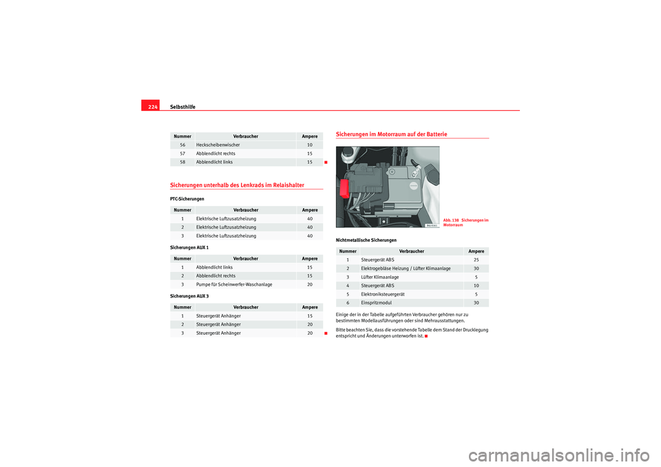 Seat Ibiza ST 2009  Betriebsanleitung (in German) Selbsthilfe
224Sicherungen unterhalb des Lenkrads im RelaishalterPTC-Sicherungen
Sicherungen AUX 1
Sicherungen AUX 3
Sicherungen im Motorraum auf der BatterieNichtmetallische Sicherungen
Einige der in