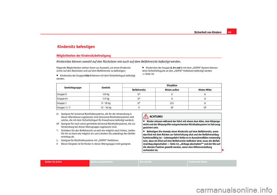 Seat Ibiza 5D 2008 Betriebsanleitung (in German) Sicherheit von Kindern49
Sicher ist sicher
Bedienungshinweise
Rat und Tat
Technische Daten
Kindersitz befestigenMöglichkeiten der Kindersitzbefestigung
Kindersitze können sowohl auf den Rücksitzen Seat Ibiza 5D 2008 Betriebsanleitung (in German) Sicherheit von Kindern49
Sicher ist sicher
Bedienungshinweise
Rat und Tat
Technische Daten
Kindersitz befestigenMöglichkeiten der Kindersitzbefestigung
Kindersitze können sowohl auf den Rücksitzen