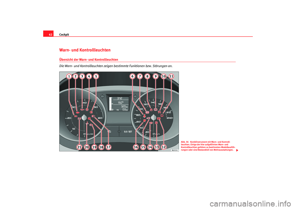 Seat Ibiza 5D 2008 Betriebsanleitung (in German) Cockpit
62Warn- und Kontrollleuchten Übersicht der Warn- und Kontrollleuchten
Die Warn- und Kontrollleuchten zeigen bestimmte Funktionen bzw. Störungen an.
Abb. 36 Kombiinstrument mit Warn- und Ko Seat Ibiza 5D 2008 Betriebsanleitung (in German) Cockpit
62Warn- und Kontrollleuchten Übersicht der Warn- und Kontrollleuchten
Die Warn- und Kontrollleuchten zeigen bestimmte Funktionen bzw. Störungen an.
Abb. 36 Kombiinstrument mit Warn- und Ko