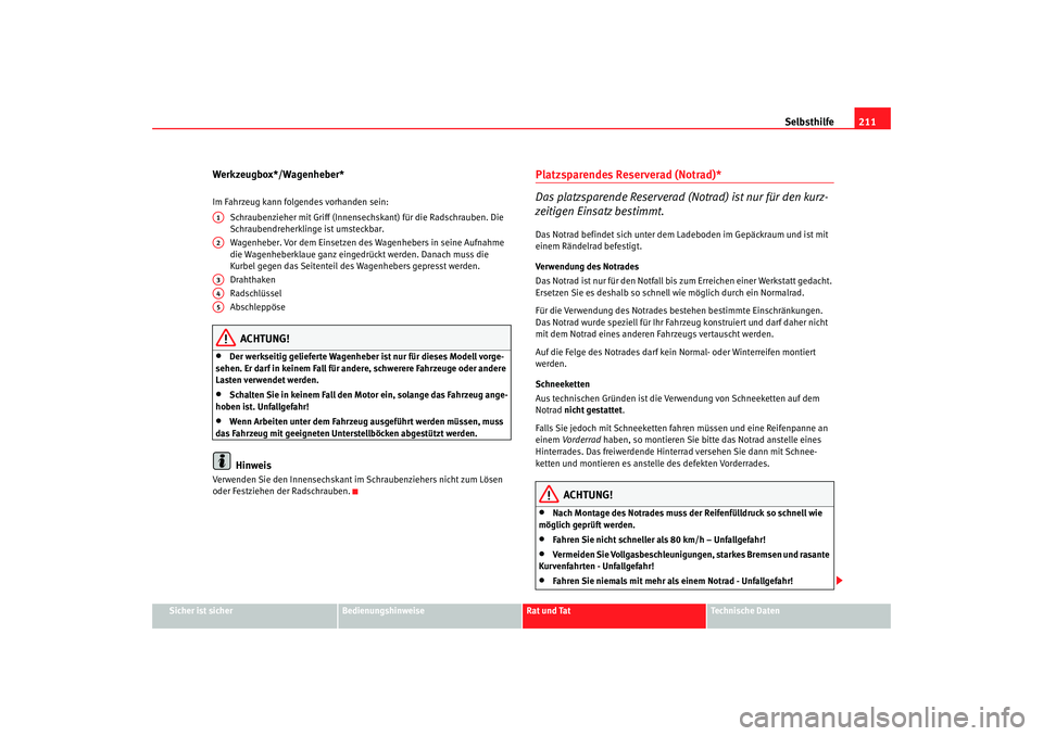 Seat Ibiza 5D 2006 Betriebsanleitung (in German) Selbsthilfe211
Sicher ist sicher
Bedienungshinweise
Rat und Tat
Technische Daten
Werkzeugbox*/Wagenheber*Im Fahrzeug kann folgendes vorhanden sein:
Schraubenzieher mit Griff (Innensec hskant) für di Seat Ibiza 5D 2006 Betriebsanleitung (in German) Selbsthilfe211
Sicher ist sicher
Bedienungshinweise
Rat und Tat
Technische Daten
Werkzeugbox*/Wagenheber*Im Fahrzeug kann folgendes vorhanden sein:
Schraubenzieher mit Griff (Innensec hskant) für di