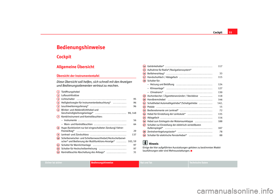 Seat Ibiza 5D 2006  Betriebsanleitung (in German) Cockpit55
Sicher ist sicher
Bedienungshinweise
Rat und Tat
Technische Daten
BedienungshinweiseCockpitAllgemeine ÜbersichtÜbersicht der Instrumententafel
Diese Übersicht soll helfen, si ch schnell m