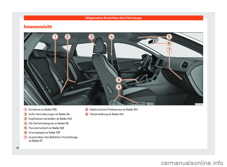 Seat Leon 2019  Betriebsanleitung (in German) Allgemeine Ansichten des Fahrzeugs
Innenansicht Armlehne 
››
› Seite 155
Isofix-Verankerungen  ››› Seite 34
Kopfstützen einstellen  ››› Seite 142
Die Sicherheitsgurte  ››› Sei