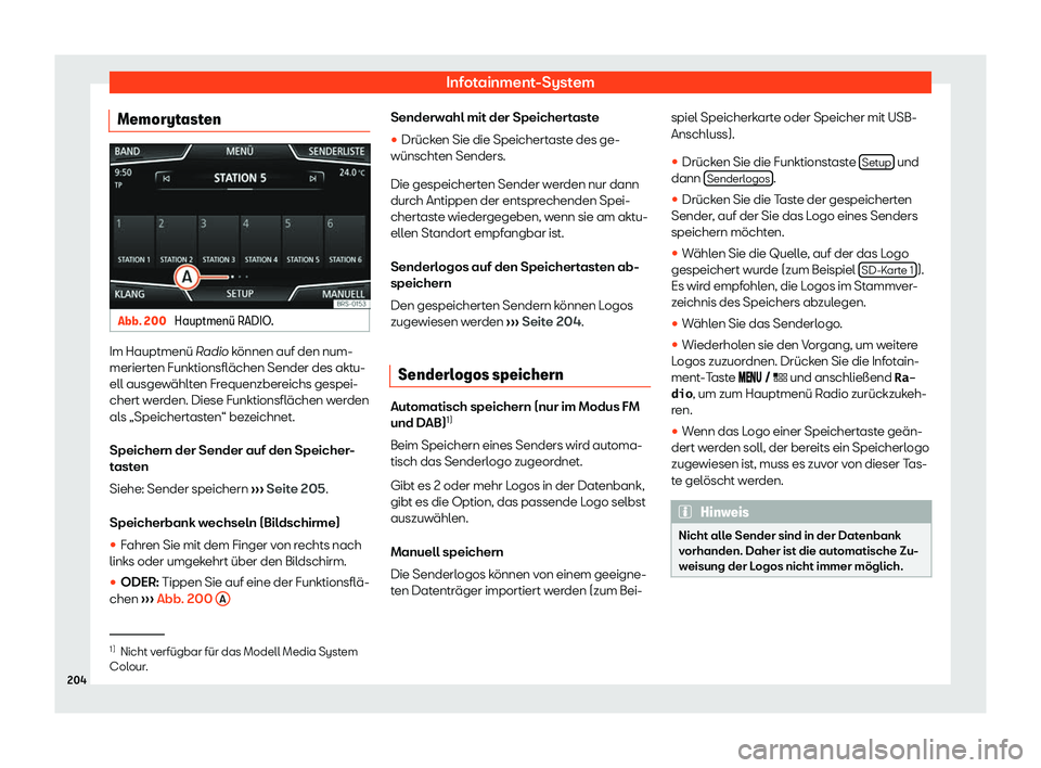 Seat Leon 2019  Betriebsanleitung (in German) Infotainment-System
Memorytasten Abb. 200 
Hauptmen