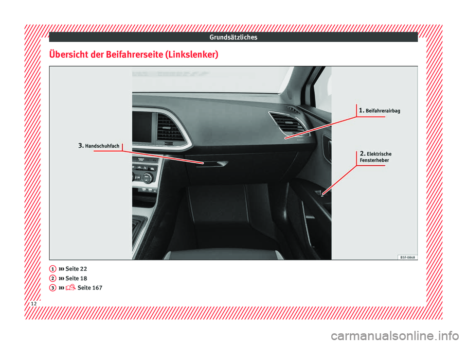 Seat Leon SC 2017  Betriebsanleitung (in German) Grundsätzliches
Übersicht der Beifahrerseite (Linkslenker) ››› 
Seit e 22
› ›
› Seite 18
›››   Seite 167 1
2
3
12  
