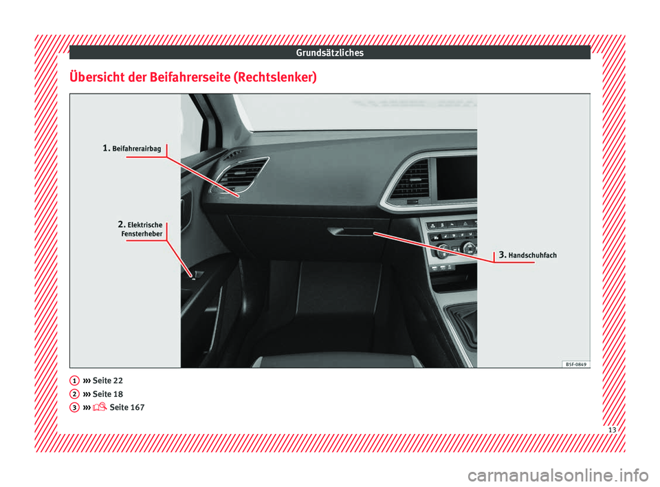 Seat Leon SC 2017  Betriebsanleitung (in German) Grundsätzliches
Übersicht der Beifahrerseite (Rechtslenker) ››› 
Seit e 22
› ›
› Seite 18
›››   Seite 167 1
2
3
13  