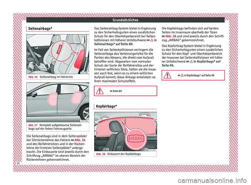 Seat Leon 5D 2017  Betriebsanleitung (in German) Grundsätzliches
Seitenairbags* Abb. 26 
Seitenairbag im Fahrersitz Abb. 27 
Komplett aufgeblasene Seitenair-
b ag
s
 auf der linken Fahrzeugseite Die Seitenairbags sind in dem Seitenpolster
der 
Sitz