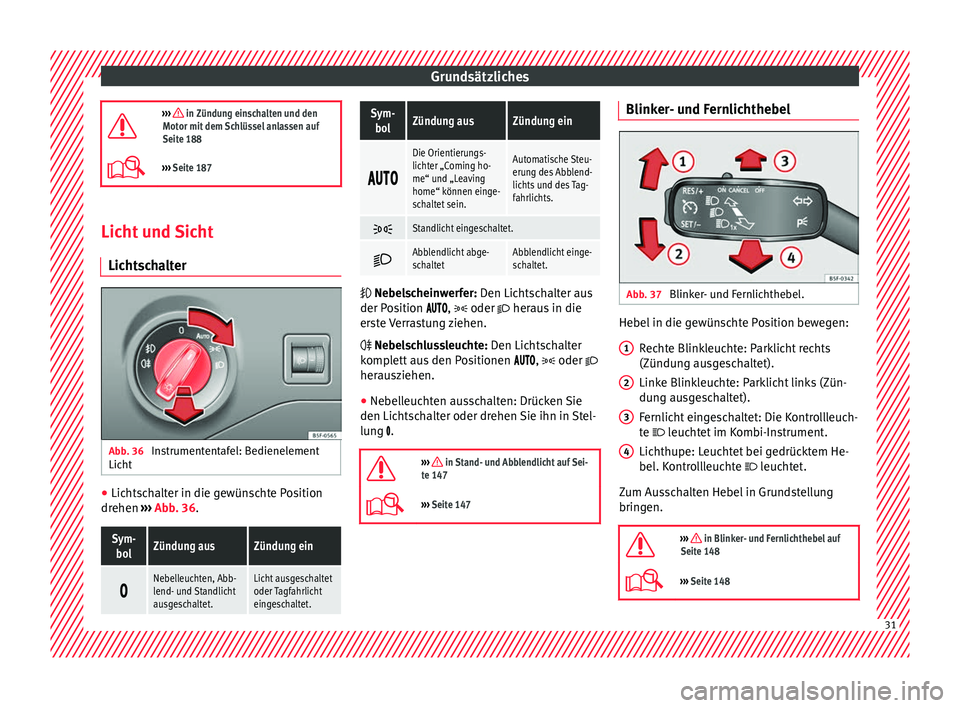 Seat Leon 5D 2017 Betriebsanleitung (in German) Grundsätzliches
››› in Zündung einschalten und den
Motor mit dem Schlüssel anlassen auf
Seite 188
››› Seite 187 Licht und Sicht
Licht s
chalter Abb. 36
Instrumententafel: Bedi Seat Leon 5D 2017 Betriebsanleitung (in German) Grundsätzliches
››› in Zündung einschalten und den
Motor mit dem Schlüssel anlassen auf
Seite 188
››› Seite 187 Licht und Sicht
Licht s
chalter Abb. 36
Instrumententafel: Bedi