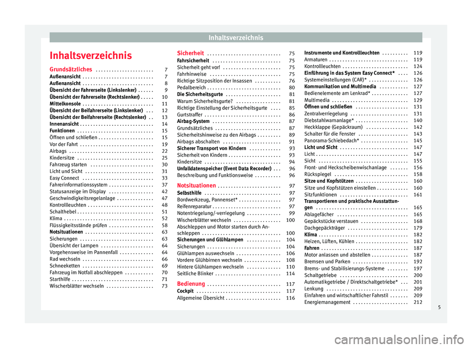 Seat Leon SC 2017  Betriebsanleitung (in German) Inhaltsverzeichnis
Inhaltsverzeichnis
Gru nd
sätz
liches . . . . . . . . . . . . . . . . . . . . . . 7
Außenansicht  . . . . . . . . . . . . . . . . . . . . . . . . . . . 7
Außenansicht  . . . . . 