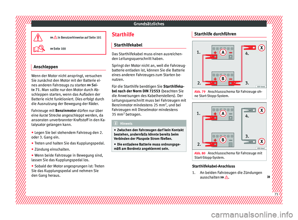Seat Leon 5D 2017  Betriebsanleitung (in German) Grundsätzliches
›››  in Benutzerhinweise auf Seite 101
›››  Seite 100 Anschleppen
Wenn der Motor nicht anspringt, versuchen
Sie z
u

nächst den Motor mit der Batterie ei-
nes ander