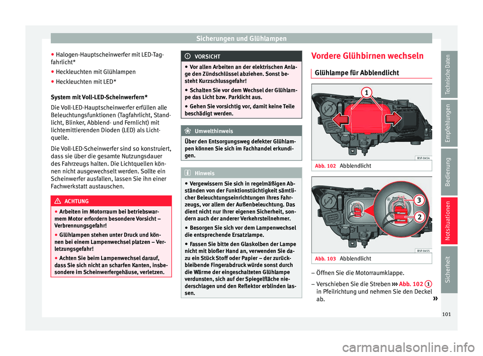 Seat Leon 5D 2016  Betriebsanleitung (in German) Sicherungen und Glühlampen
● Halog en-Haupts
c
heinwerfer mit LED-Tag-
fahrlicht*
● Heckleuchten mit Glühlampen
● Heckleuchten mit LED*
Sys
 tem mit Voll-LED-Scheinwerfern*
Die Voll-LED-Haupts