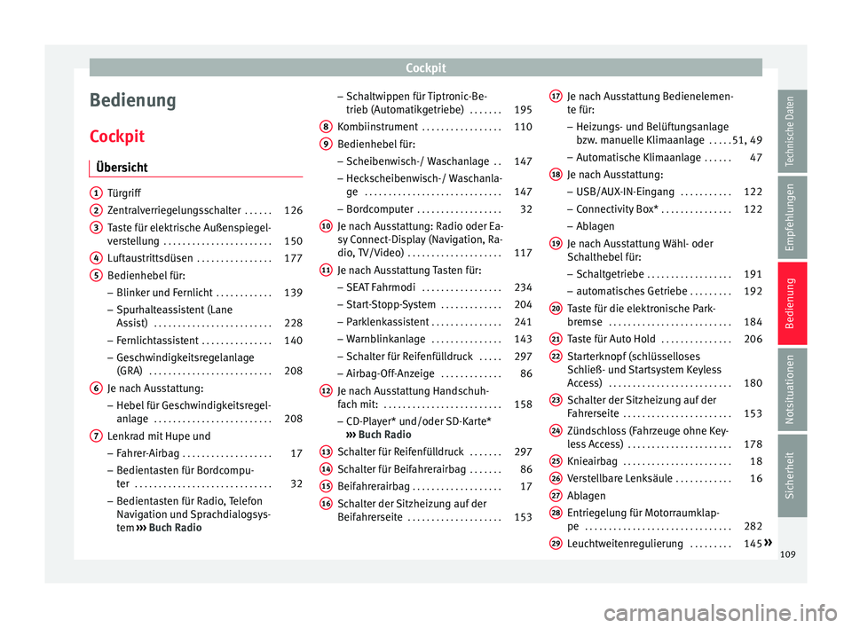 Seat Leon SC 2016  Betriebsanleitung (in German) Cockpit
Bedienung
C oc
kpit
Über
sicht Türgriff
Zentr
alv

erriegelungsschalter  . . . . . .126
Taste für elektrische Außenspiegel-
vers
 tellung  . . . . . . . . . . . . . . . . . . . . . . . 150