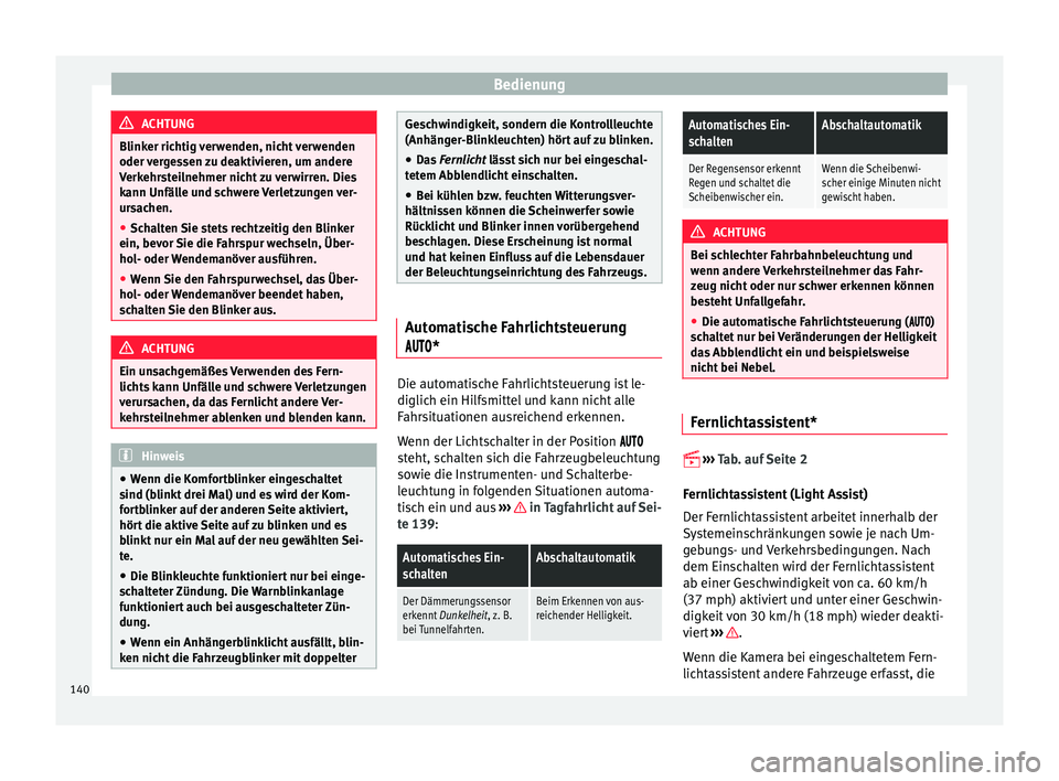 Seat Leon 5D 2016  Betriebsanleitung (in German) Bedienung
ACHTUNG
Blinker richtig verwenden, nicht verwenden
oder v er
gessen zu deaktivieren, um andere
Verkehrsteilnehmer nicht zu verwirren. Dies
kann Unfälle und schwere Verletzungen ver-
ursache