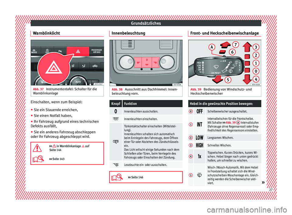 Seat Leon 5D 2016  Betriebsanleitung (in German) Grundsätzliches
Warnblinklicht Abb. 37 
Instrumententafel: Schalter für die
W arnb
link
anlage Einschalten, wenn zum Beispiel:
●
Sie ein Stauende erreichen,
● Sie einen Notfall haben,
● Ihr Fa